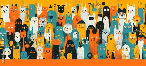 A vibrant and diverse group of characters in a bustling, colorful environment filled with energy and excitement.