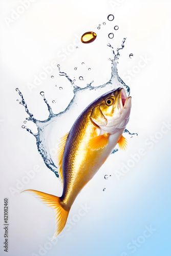 Omega fatty acids capsules and Golden fish swimming in splashes of water on a white background. Fish oil.Supplements for beauty and health.