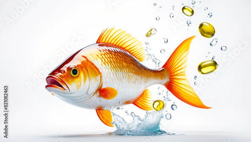 Omega fatty acids capsules and fish in splashes of water on a white background. 