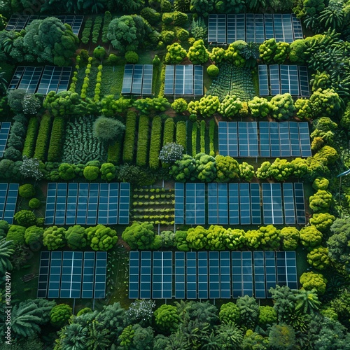 Aerial view of a lush vertical farm with solar panels integrated into the green landscape  promoting sustainable agriculture and renewable energy.