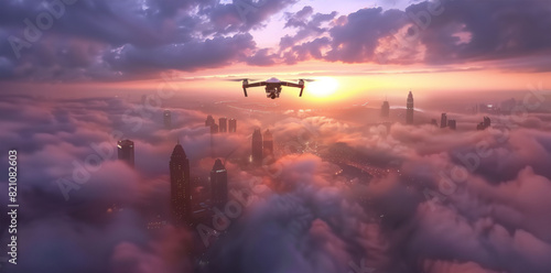 High-altitude drone racing through a cloud-filled skyline, featuring agile maneuvers and high-speed competition