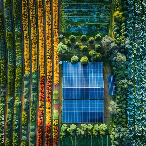Aerial view of vibrant agricultural field with solar panels, showcasing sustainable farming and renewable energy integration. photo