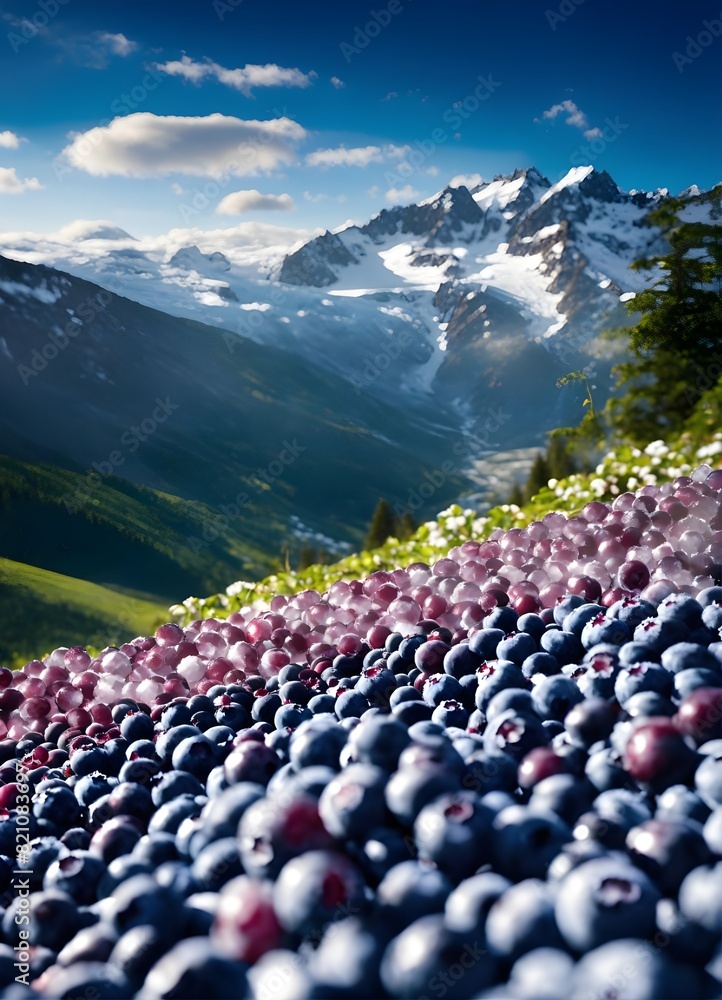 Fototapeta premium group of blueberries on a mountain road. blueberries fruit, top level view, background. blueberries with leaves