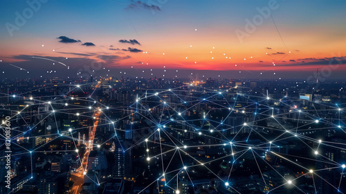 Revolutionary smart grid system visualized with dynamic energy flows and connected IoT devices across a metropolitan landscape photo