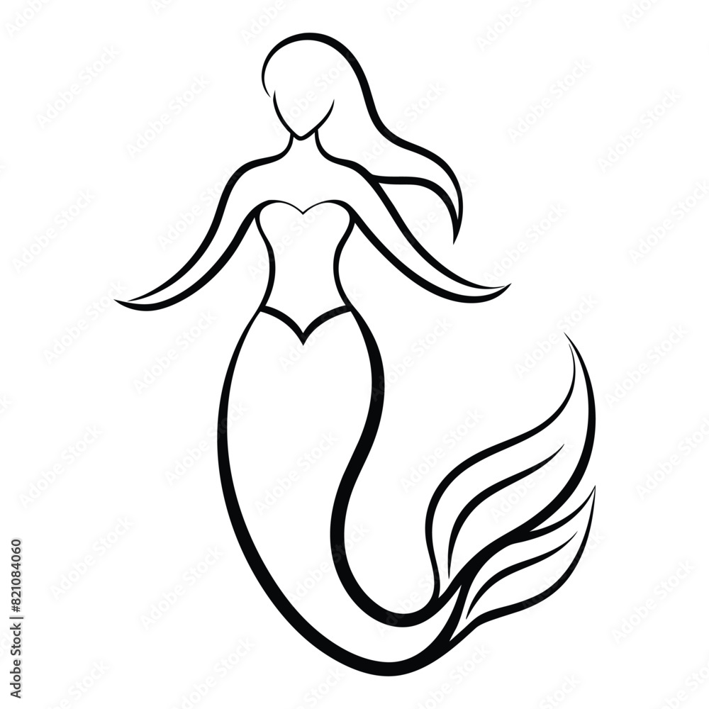 Beautiful Line art Mermaid with Long Tail Vector illustration. Mermaid princess woman silhouette. Girls with fins underwater. Fish. Beautiful Line art Mermaid with Long Tail Vector illustration. Mermaid princess woman silhouette. Girls with fins underwater. Fish.