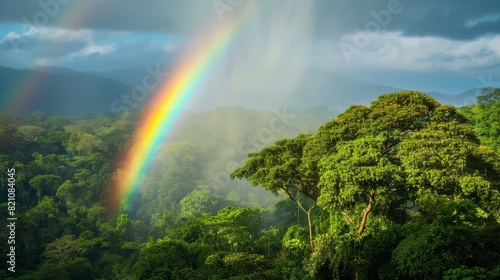 Rainbow arching over a lush forest landscape © AlfaSmart