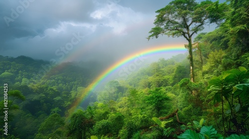 Forest scene with a vivid rainbow stretching across the sky