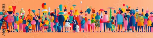Diverse, whimsical cartoon characters in vibrant outfits and accessories mingle in a lively crowd setting.