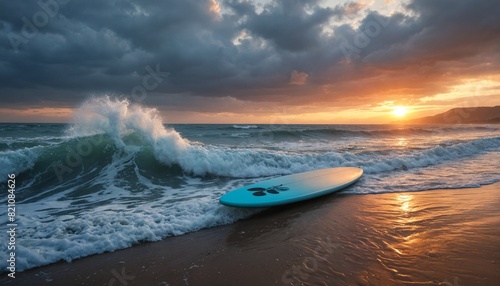 Surfboard on beautiful beach. Seascape of summer beach with sea and colorful sky background.