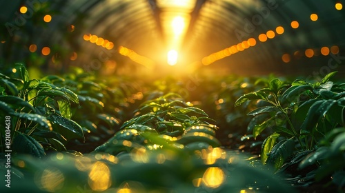 Lush green plants in a greenhouse with warm sunlight shining through  creating a vibrant and serene agricultural environment.