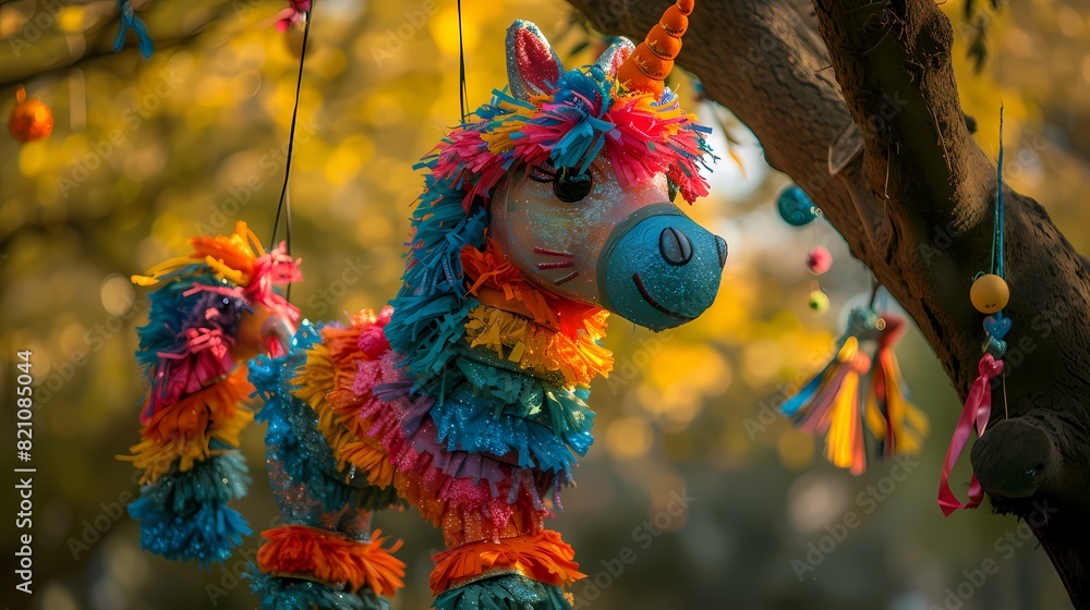 A colorful pi?+/-ata shaped like a unicorn hanging from a tree, ready to be smashed open by eager party guests