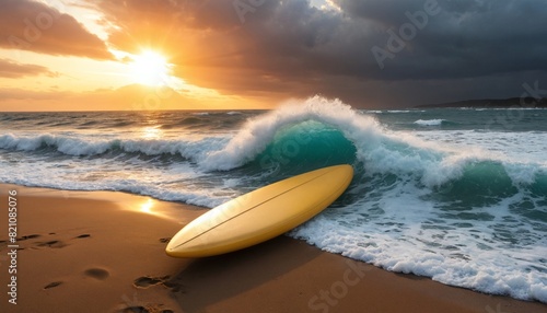 Surfboard on beautiful beach. Tropical view with sea and sunset sky background.