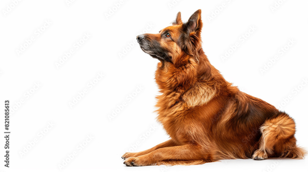 Happy dog sitting down on white background Happy dog sitting down on white background