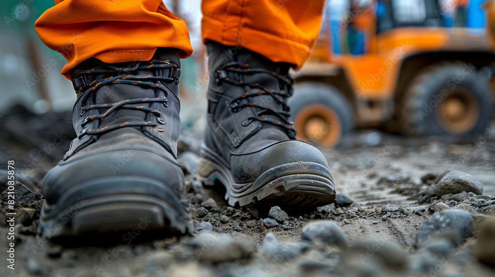 Complete black safety shoes being worn by a construction worker. background being a site under construction Complete black safety shoes being worn by a construction worker. background being a site under construction