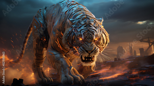 A fierce and powerful white tiger stands tall, its fur bristling with intensity photo