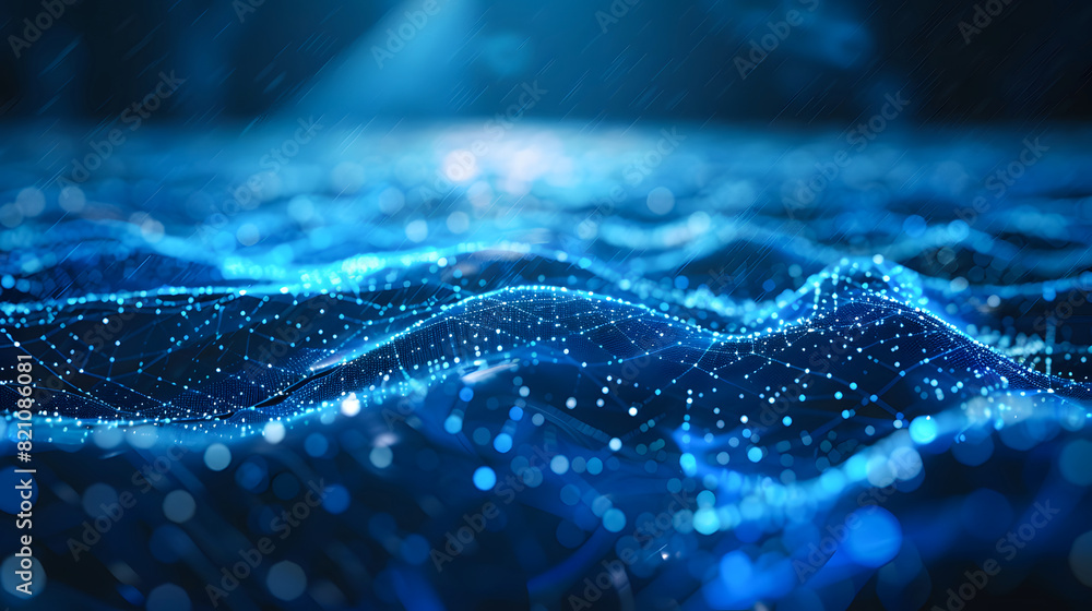 Abstract blue technology background with a cyber network grid and connected particles. Artificial neurons, global data connections, Sci-fi digital technology with line connect Abstract blue technology background with a cyber network grid and connected particles. Artificial neurons, global data connections, Sci-fi digital technology with line connect