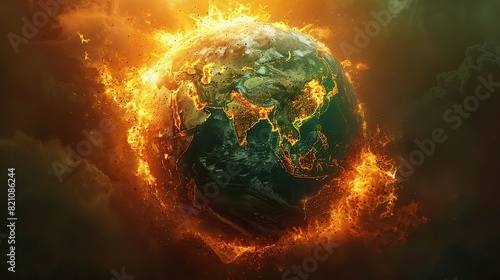 earth globe under the extreme heat of the sun australia and south east asia burning in fire conceptual illustration of global warming temperature increase and climate change disaster.stock image