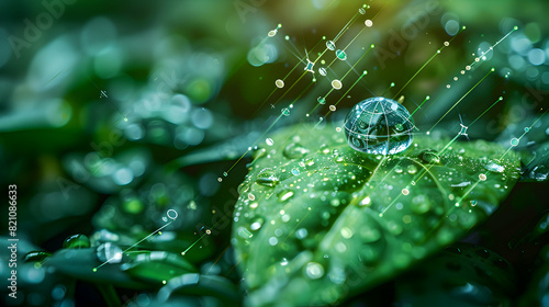 Water drop on leaf reflecting digital charts combining nature and business analytics.