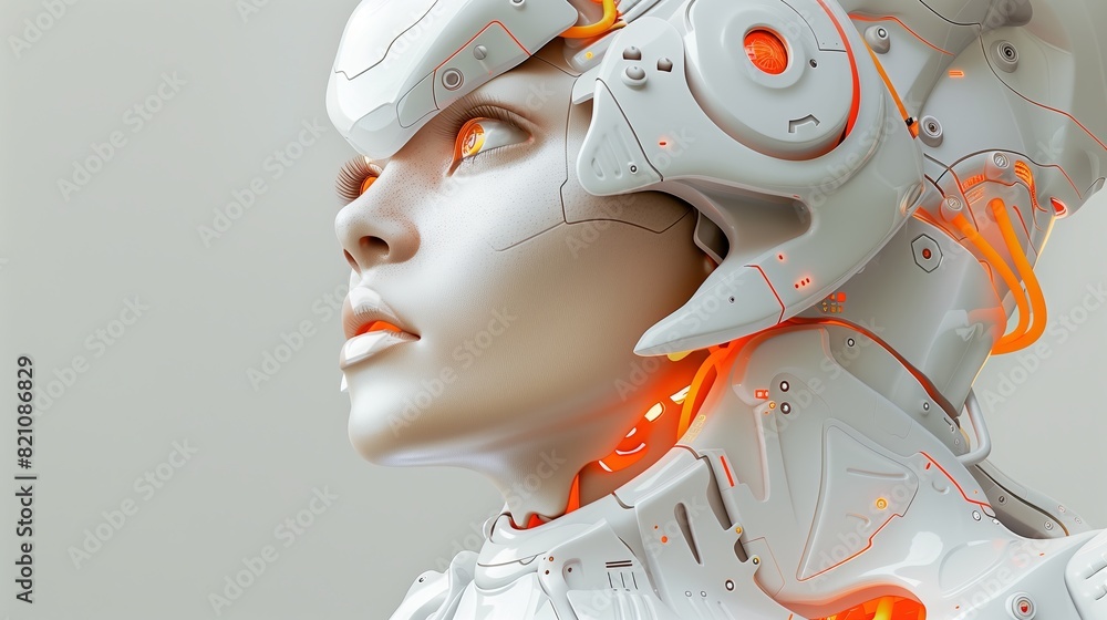 A female 3d robot wearing a white helmet with orange details in a white background. A female 3d robot wearing a white helmet with orange details in a white background.