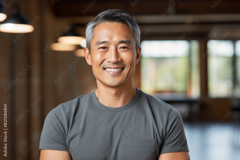 Portrait of a tender asian man in his 40s smiling at the camera on solid color backdrop Portrait of a tender asian man in his 40s smiling at the camera on solid color backdrop