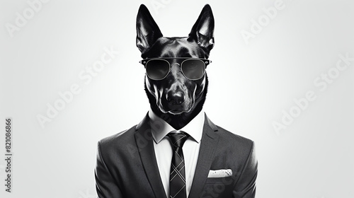 A professional headshot of a serious looking black dog in a suit and sunglasses. © arhendrix
