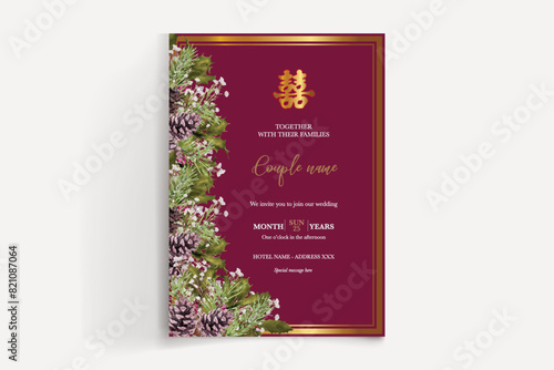 WEDDING INVITATION FRAME WITH FLOWER DECORATIONS AND FRESH LEAVES