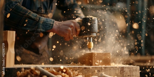 Craftsperson is working with a drill on a piece of wood, surrounded by flying wood shavings photo