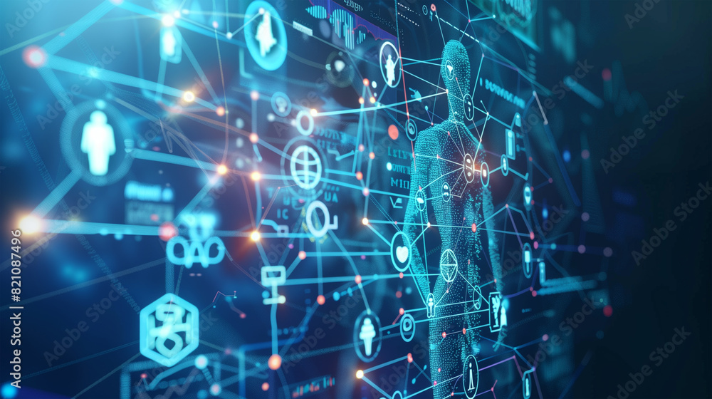 Digital health ecosystem, visualizing the interconnectivity between telehealth services, wearable devices, and patient data analytics Digital health ecosystem, visualizing the interconnectivity between telehealth services, wearable devices, and patient data analytics