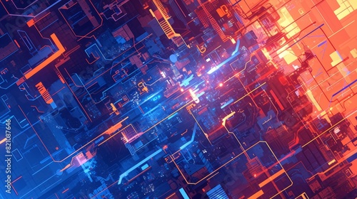 Futuristic tech-themed illustration with intricate circuitry patterns and neon lights pulsing through interconnected systems.