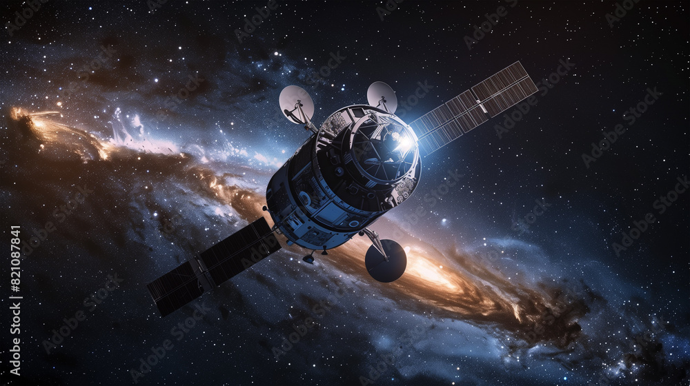 Naklejka premium Space station orbiting a newly discovered exoplanet, showcasing advanced propulsion technologies and modular architecture