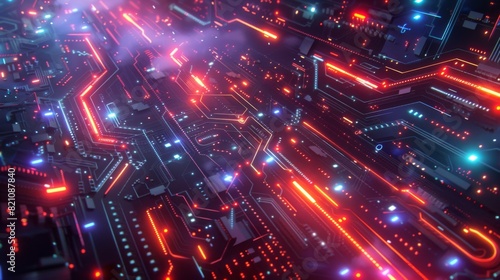 Futuristic tech-themed illustration with intricate circuitry patterns and neon lights pulsing through interconnected systems.