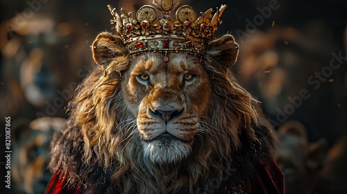 The regal lion king, crowned in resplendent gold and draped in crimson velvet, exuded an air of charismatic authority.illustration © Emile