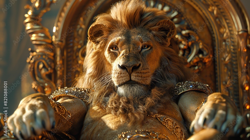 The charismatic lion king, perched majestically upon his golden throne, emanated an aura of regal authority and sagacious leadership..stock image