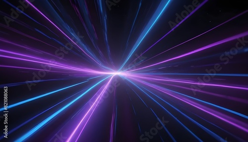 3d Render, Blue purple light line through dark background, hyper speed warp in space.