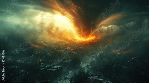The colossal tornado, a harbinger of climate change, wreaked havoc upon the city, leaving behind a trail of devastation and immense suffering..illustration stock image