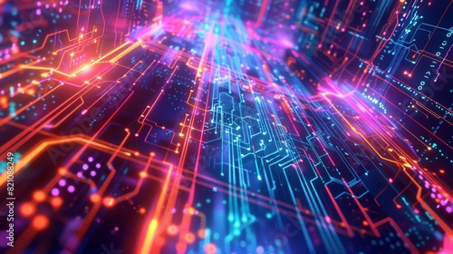 Futuristic tech-themed illustration with intricate circuitry patterns and neon lights pulsing through interconnected systems.