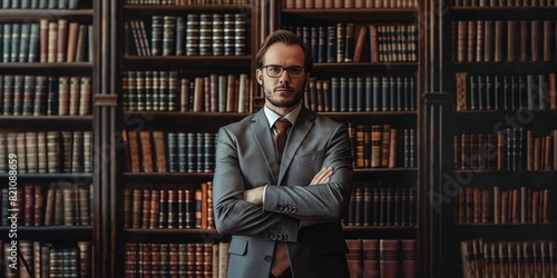 A stern looking librarian stands with arms crossed in front of a bookshelf, exemplifying knowledge and education