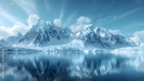 Majestic Arctic Landscape with Snow Capped Peaks Glimmering Glaciers and Serene Frozen Lake photo