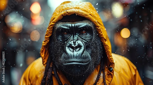 A personified gorilla, adorned with a hoodie and dreadlocks, roamed the urban streets of the downtown district, exuding a retro charm and charismatic demeanor..stock image photo