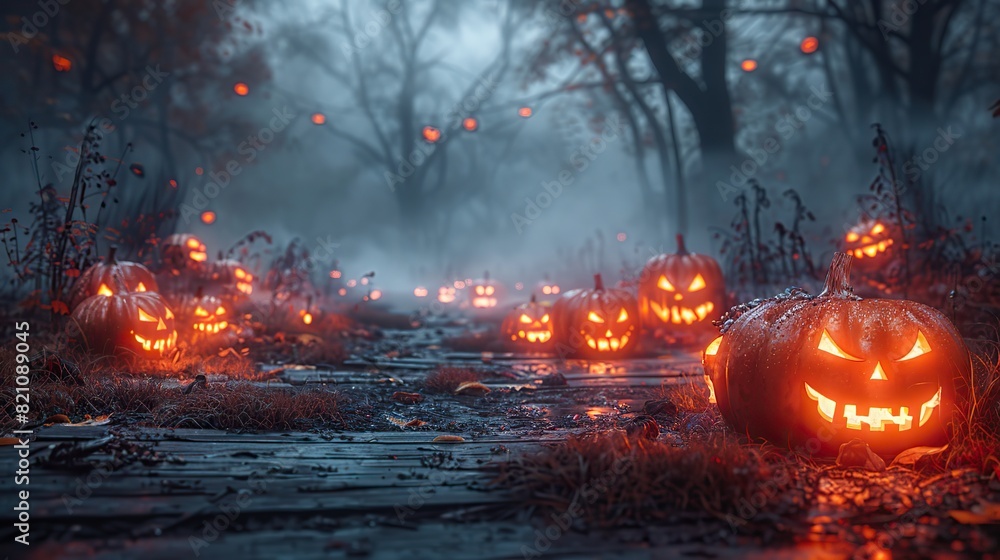 Sinisterly illuminated pumpkins cast an eerie glow on a wooden floor shrouded in fog, creating a haunting Halloween ambiance..stock image Sinisterly illuminated pumpkins cast an eerie glow on a wooden floor shrouded in fog, creating a haunting Halloween ambiance..stock image