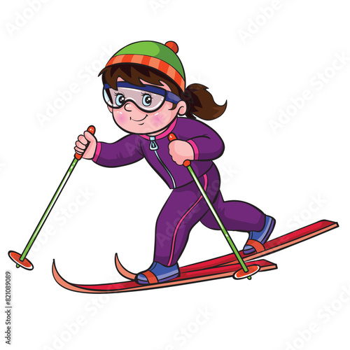 cartoon girl in a blue suit skiing