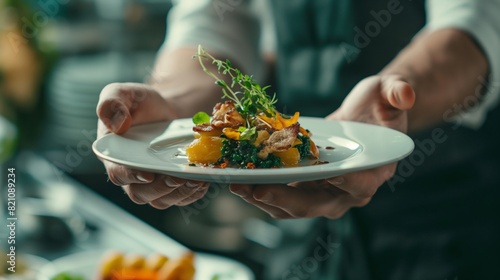 Chef presenting gourmet dish with garnish in elegant restaurant setting. photo