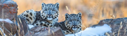 Snow leopards with less snowy backdrop  rocky terrain becoming more prevalent  stark and compelling survival imagery