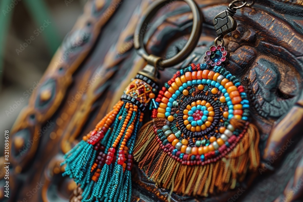 A bohemian-inspired keychain design with intricate beadwork and tassel embellishments, evoking a sense of wanderlust and adventure