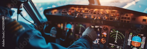 A pilot’s hands are visible while operating the complex controls in an aircraft cockpit photo