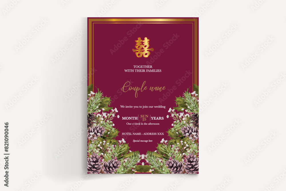 WEDDING INVITATION FRAME WITH FLOWER DECORATIONS AND FRESH LEAVES WEDDING INVITATION FRAME WITH FLOWER DECORATIONS AND FRESH LEAVES