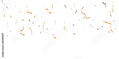 Abstract luxury golden confetti glitter and zigzag ribbon falling down on transparent background. Holyday, festive and celebration background. Vector illustration.