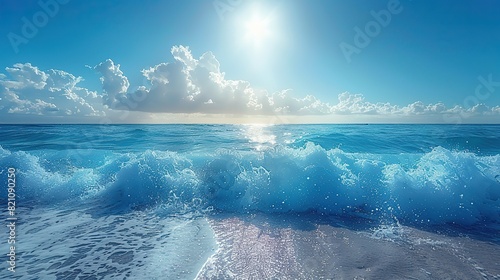 Summer waves crash upon the breaking blue ocean, framed by a banner..stock photo