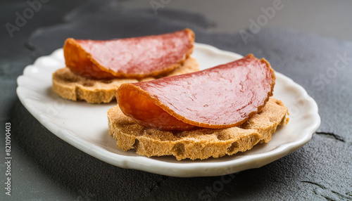 Slices of smoked pork salami on crispy bread on plate. Delicious food. Tasty snack. Culinary concept