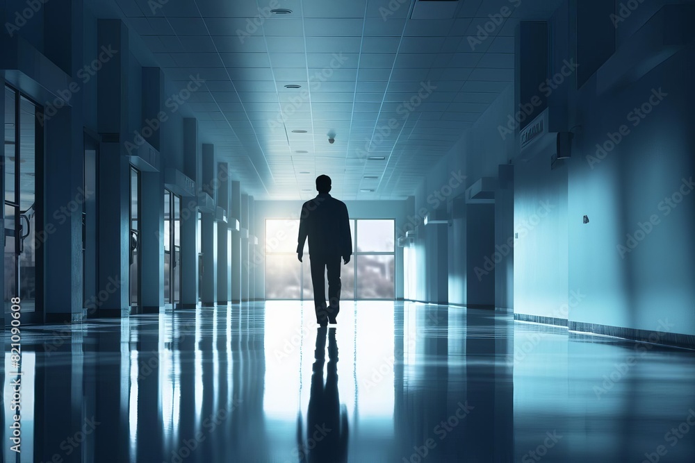 Silhouette of a man walking down a hallway with reflective floor, bathed in natural light from windows. Silhouette of a man walking down a hallway with reflective floor, bathed in natural light from windows.